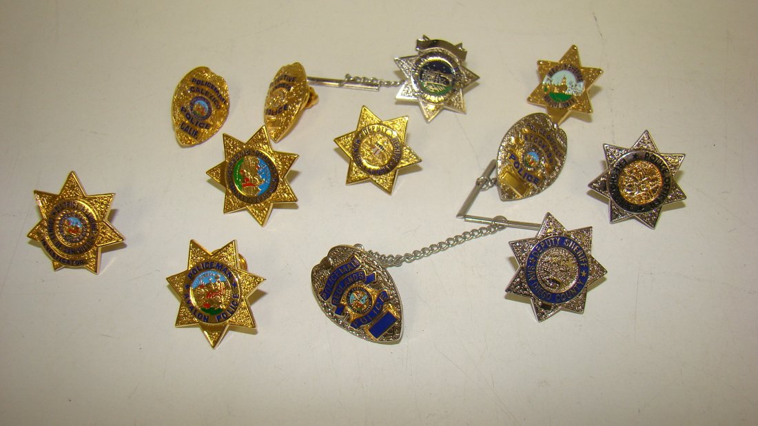 12 VARIOUS LAW ENFORCEMENT LAPEL PINS: 12 VARIOUS LAW ENFORCEMENT BADGE LAPEL PINS - AVALON POLICE STAR BADGE PIN - CALICO POLICE - REDLANDS POLICE - RIVERSIDE DEPUTY MARSHALL - SAN DIEGO DISTRICT ATTORNEY - FRESNO POLICE - SAN DIEGO POLIC