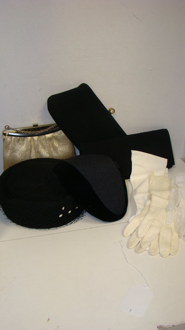 VTG FASHION HATS-GLOVES & PURSES: 2 VINTAGE BLACK FASHION HATS - RITZ BLACK WOOL CAP WITH NETTING - VINTAGE BLACK VELVET AND FABRIC FASHION HAT - 2 VINTAGE BLACK EVENING PURSES AND A GOLD EVENING BAG - 3 PAIRS OF VINTAGE GLOVES - PAIR