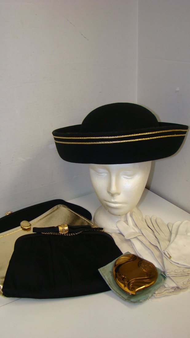 VARIOUS VTG LADIES PURSES, GLOVES, COMPACT & HAT: VINTAGE LADIE'S BLACK WOOL FASHION HAT WITH GOLD TRIM - 2 BLACK EVENING BAGS AND 1 GOLD EVENING BAG - VINTAGE ELGIN AMERICAN COMPACT WITH BAG AND 4 PAIRS OF VINTAGE LADIES GLOVES - 2 WHITE AND 2 TAN
