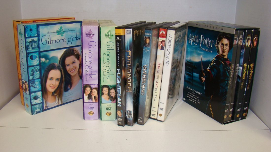 BOX OF VARIOUS DVD MOVIES & TV SHOWS: BOX WITH VARIOUS DVD MOVIES AND TV SHOWS - HARRY POTTER SET OF ALL 4 MOVIES - SEASONS 1 TO 4 GILMORE GIRLS AND 5 VARIOUS MOVIES: NORTH COUNTRY - HOW TO LOSE A GUY IN 10 DAYS - VAN HELSING - PATHFINDER