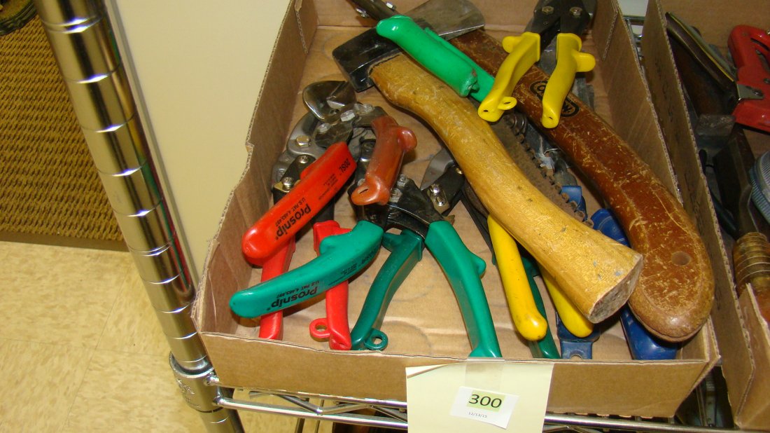 BOX - VARIOUS GARDEN TOOLS: BOX - VARIOUS GARDEN TOOLS - AXE - SNIPS - SAW - ETC