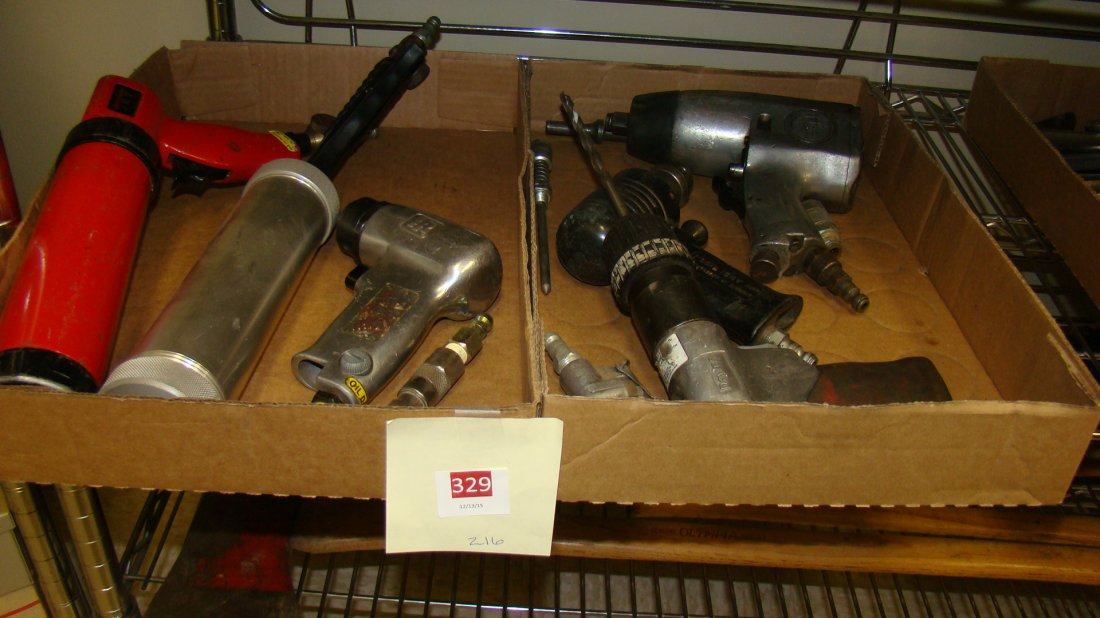 2 BOXES - VARIOUS AIRS TOOLS: 2 BOXES - VARIOUS AIRS TOOLS - 1 GREASE, 1 CAULKING, AND HIGH SPEED SANDER, 3 DRILLS VARIOUS SIZES