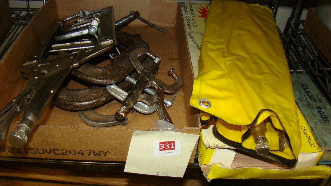 1/2 SHELF - HAND TOOLS: 1/2 SHELF - HAND TOOLS - 9 VARIOUS SIZE C CLAMPS, MODEL F-38 CLAMP TOOL AND SET OF 3 LOCKING C CLAMPS