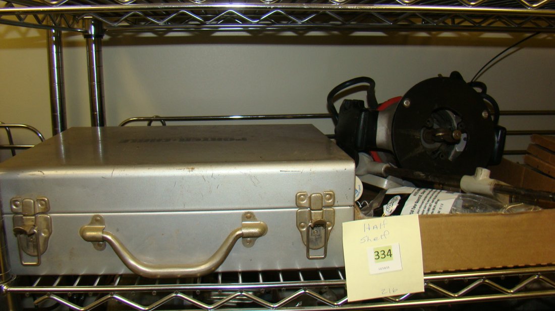 HALF SHELF - TOOLS: HALF SHELF - TOOLS - ROUTER - CRAFTSMAN 1/4 - INCLUDES MANUAL, SAFETY GLASSES, PORTER CABLE BOX PARTS OF A LAMINATE SLITTER - ONLY ATTACHMENTS,