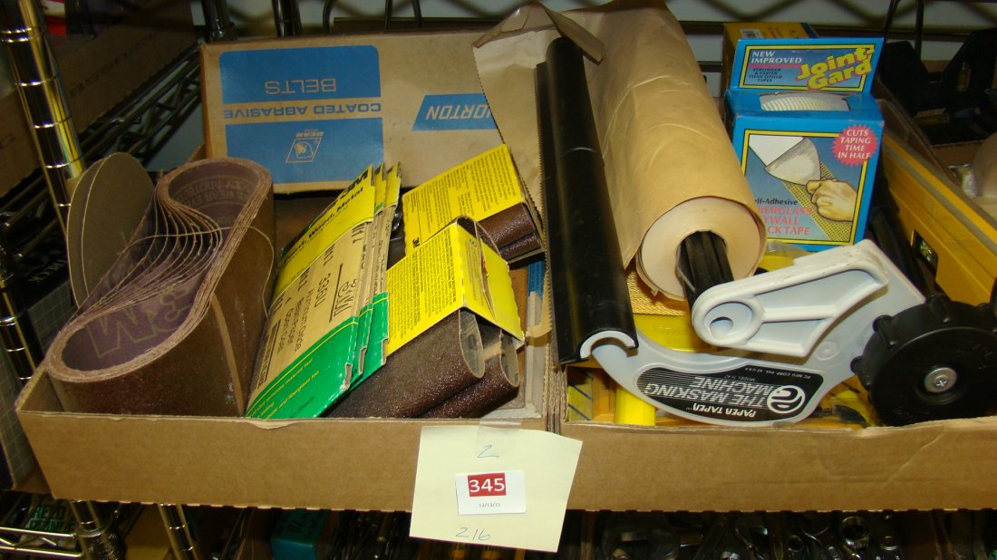 2 BOXES - VARIOUS SAND PAPER: 2 BOXES - VARIOUS SAND PAPER - 60 GRIT, 50 GRIT, 80 GRIT AND DRY WALL TOOLS