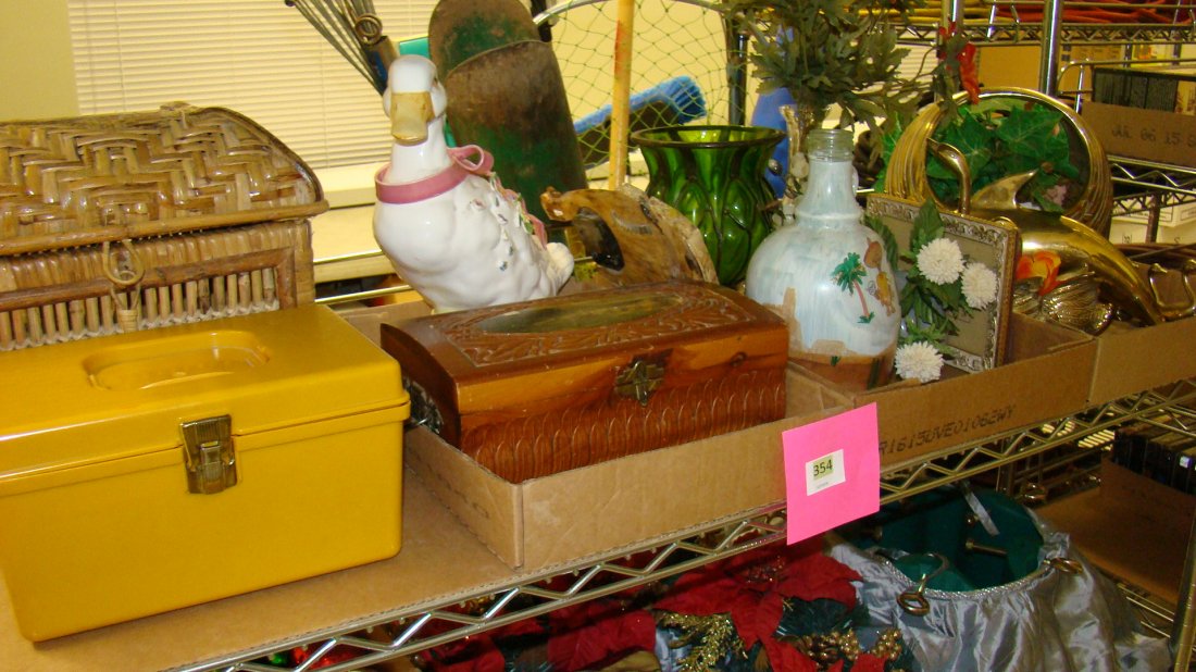 SHELF LOT - DECORATIVE ITEMS: SHELF LOT - DECORATIVE ITEMS - WOOD JEWELRY BOX, BASS DECORATIVE ITEMS DOLPHIN AND SWANS, ARTIFICIAL FLOWERS, SEWING KIT AND MORE