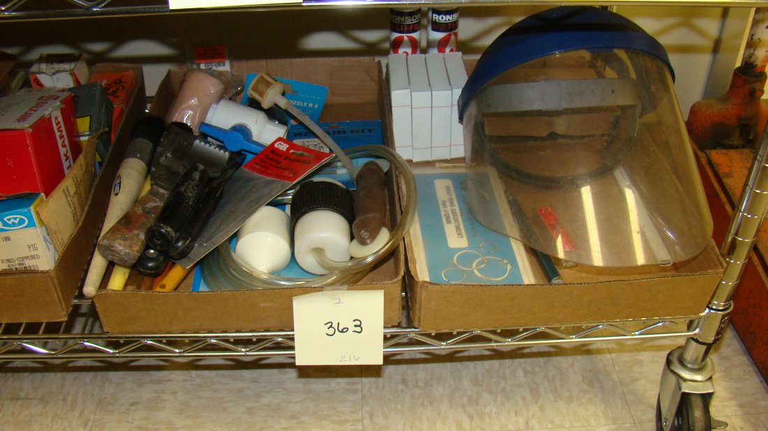 2 BOXES - TOOLS AND HARDWARE: 2 BOXES - TOOLS AND HARDWARE - WIRE BRUSHES, PAINT BRUSHES, PLASTIC TUBING, 2 PAINT ROLLERS, 2 BUTANE, WELDING MASK AND A PENCIL TORCH
