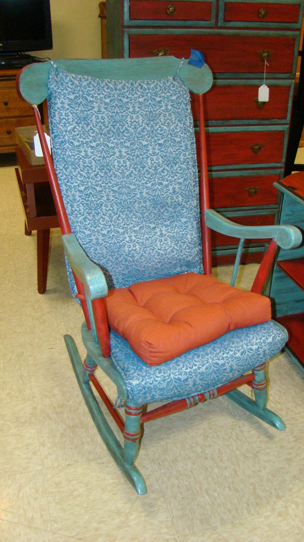 WOOD ROCKING CHAIR PAINTED BLUE & RED: VINTAGE WOOD ROCKING CHAIR - HAS BEEN PAINTED BLUE AND RED COLORS - BLUE FLORAL SEAT AND BACK PADS - BUYERS RESPONSIBLE FOR MAKING SHIPPING ARRANGEMENTS