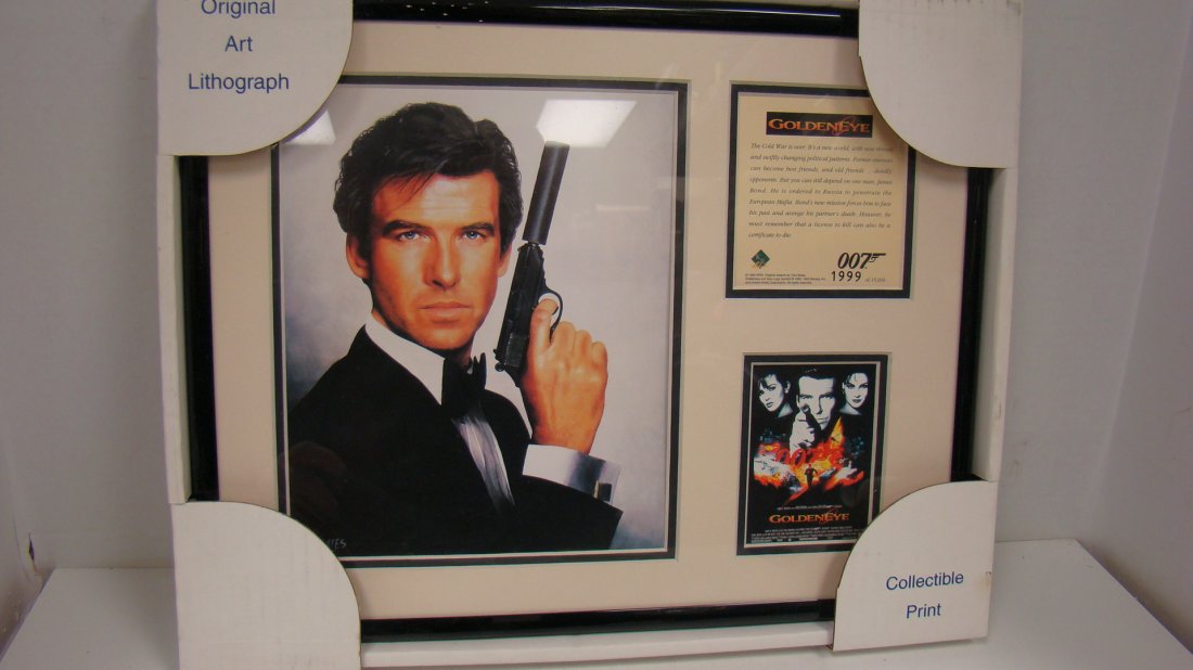 1995 KRSI JAMES BOND GOLDENEYE LITHOGRAPH: 1995 KRSI ORIGINAL LITHOGRAPH OF PIERCE BROSNON AS JAMES BOND 007 IN THE MOVIE GOLDENEYE - BY TOM BATES -GOLDENEYE AND GUN LOGO SYMBOL - COA - NO. 1999/15,000 - GOOD CONDITION - APPROX 14''x 11.5'' IN