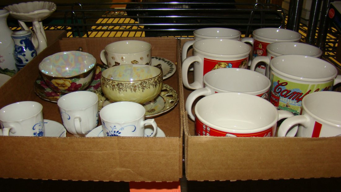 2 BOXES-CUP & SAUCER & CAMPBELL SOUP MUGS: BOX WITH 5 CUP AND SAUCERS - 1 EXTRA CUP AND BOX WITH 8 VARIOUS CAMPBELL SOUP MUGS