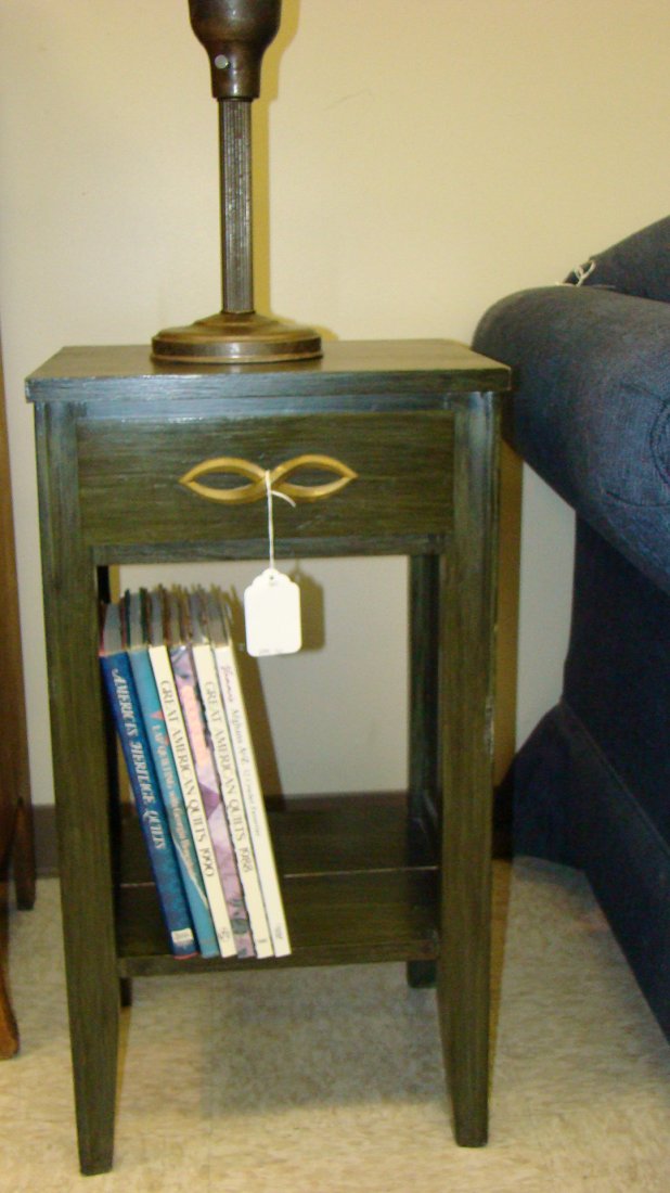 PR VTG GREEN NIGHTSTANDS: PAIR OF VINTAGE (PAINTED GREEN) TALL NIGHTSTANDS - SINGLE DRAWERS - OPEN BOTTOM - ONE HAS A CHIP AND A COUPLE SCRATCHES ON TOP - 38''x 12''x 15'' - BUYER RESPONSIBLE FOR MAKING SHIPPING ARRANGEMENTS