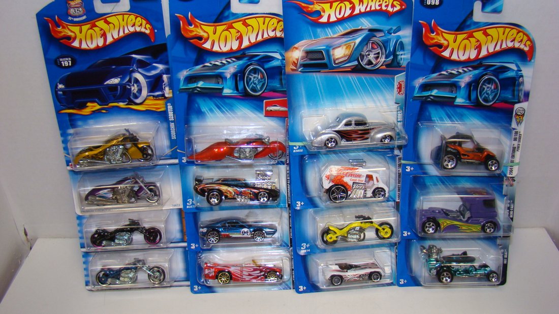 16 VARIOUS NIB COLLECTOR HOT WHEELS: 16 VARIOUS NIB COLLECTOR HOT WHEELS - 1997 FIRST EDITION MOTORCYCLE #9 - (3) 2001 0 COLLECTOR NO. 070, 169 AND 060 - 2002 COLLECTOR NO. 197 - 10 (2004) COLLECTOR NO. 134, 137, 158, 046, 098, 136, 100,