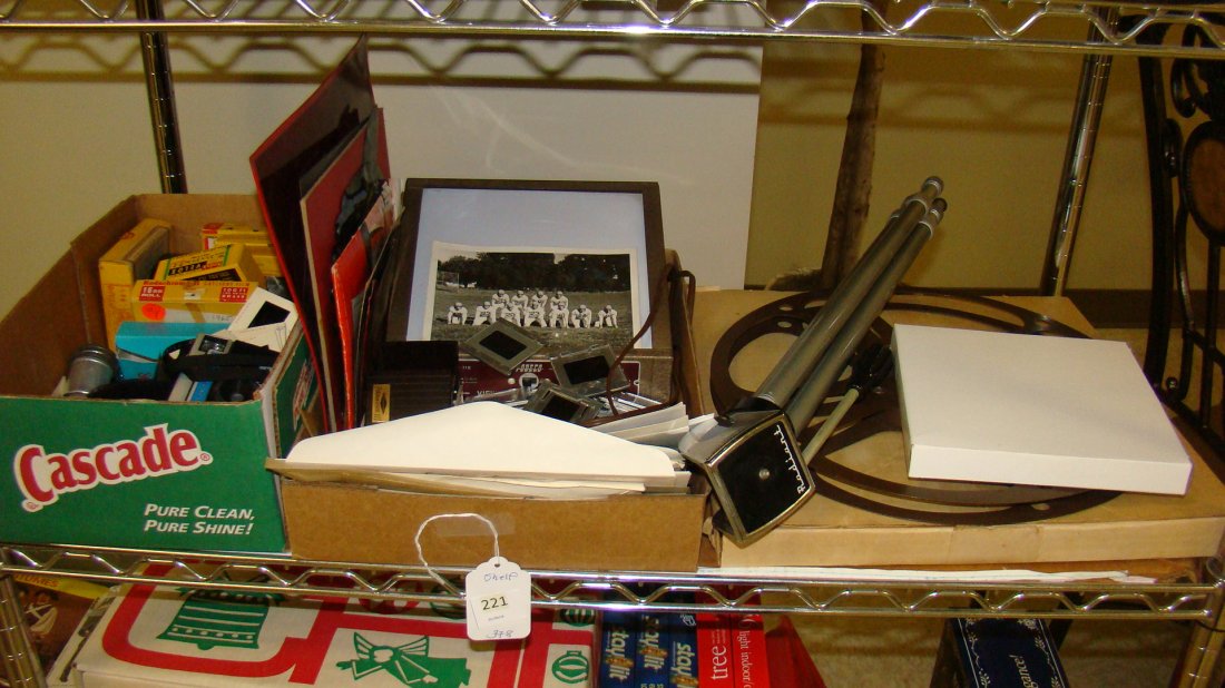 SHELF-VTG SLIDES, NEGATIVES & PHOTO ITEMS: SHELF LOT - VARIOUS VINTAGE SLIDES AND NEGATIVES - REDWOODS - FAMILY - ANIMALS - TRAVEL - POP WARNER FOOTBALL - LAKE - OCEAN AND MANY MORE - PROJECTOR FILM - METAL FILM REELS - VINTAGE RADIANT TRIPOD
