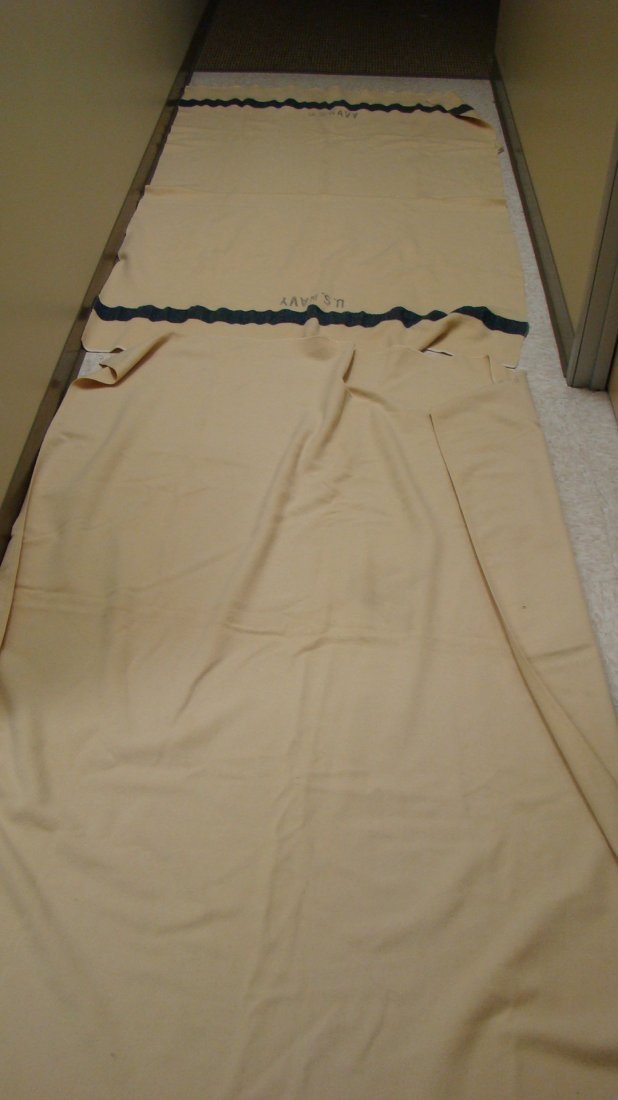 2 VTG US NAVY WOOL BLANKETS: 2 VINTAGE US NAVY WOOL BLANKETS - ONE MARKED US NAVY - 3.5'' TEAR NEAR SIDE EDGE - SEVERAL VERY SMALL MOTH HOLES - 74''x 47'' AND A VINTAGE WOOL BLANKET - 75''x 45'' - NUMBERS ARE HAND WRITTEN AT BOTT