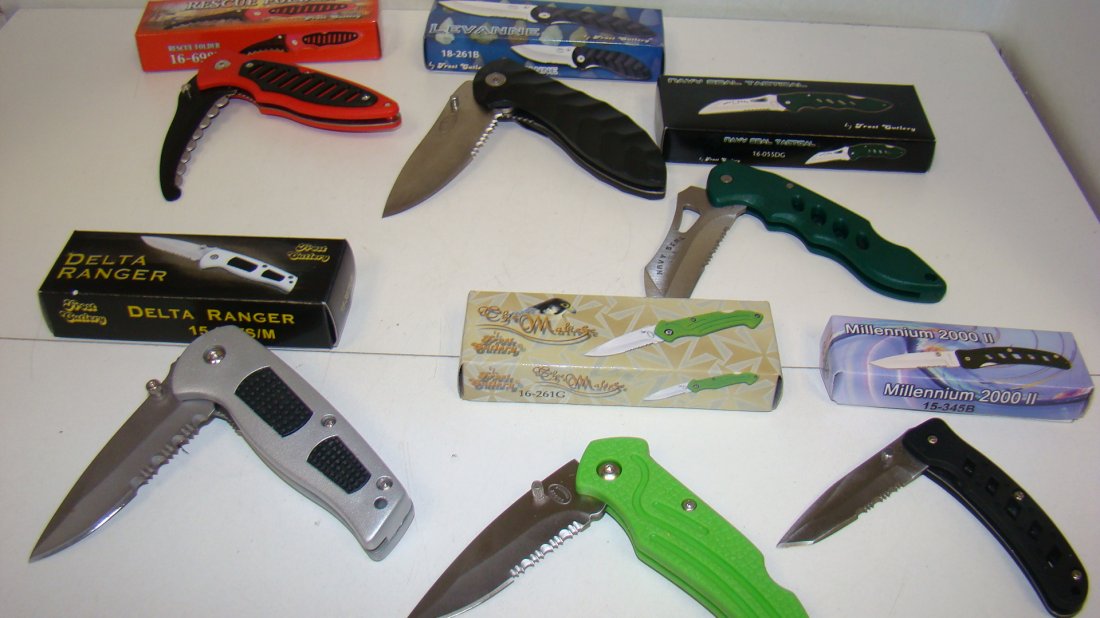 6 NIB FROST CUTLERY FOLDING KNIVES: 6 NIB FROST CUTLERY FOLDING KNIVES - MILLENNIUM 2000 II - THE MALTESE - DELTA RANGER - NAVY SEAL TACTICAL - LEVANNE AND RESCUE FOLDER