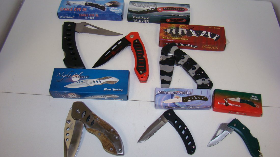 6 NIB FROST CUTLERY FOLDING KNIVES: 6 NIB FROST CUTLERY FOLDING KNIVES - EAGLE EYE II - BLACK SQUALL - SAFARI WINDANCER - NIGHT SILENCE - MILLENNIUM 2000 II AND LITTLE WHITETAIL