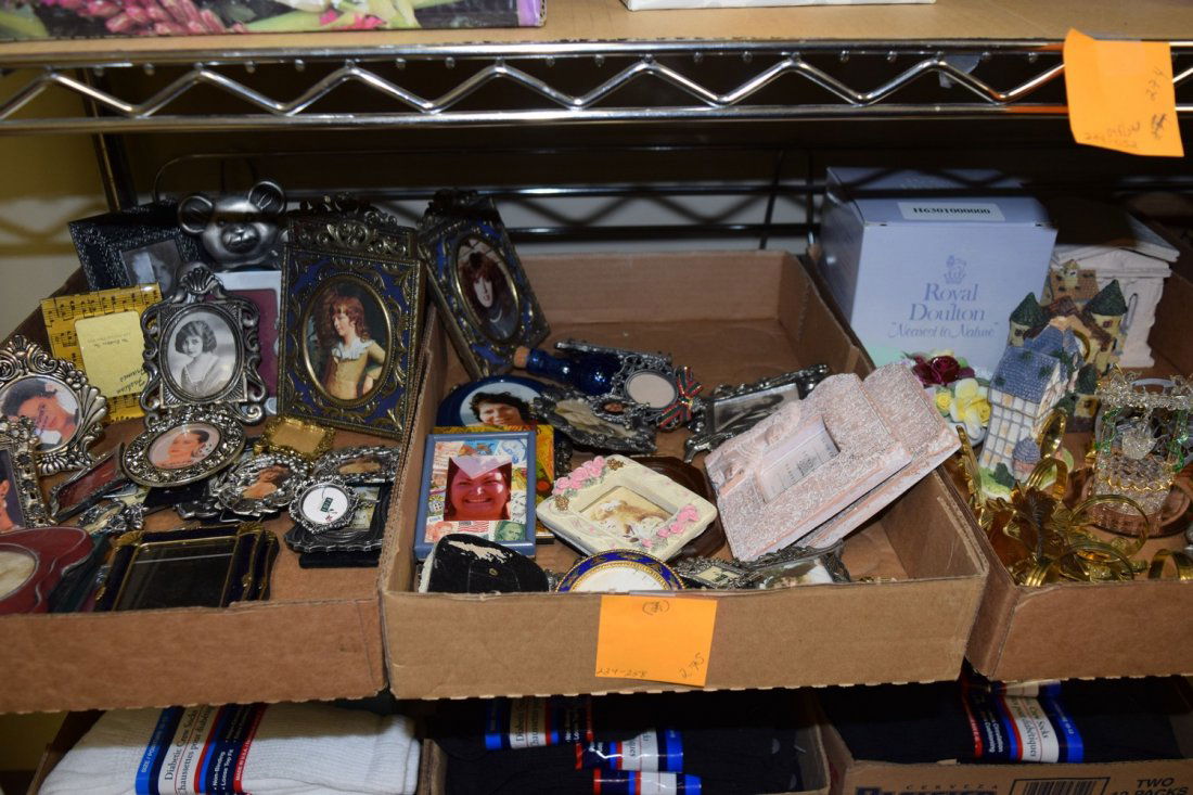 2 BOXES - VARIOUS PEWTER & OTHER MINIATURE FRAMES: 2 BOXES OF VARIOUS MINIATURE PEWTER AND OTHER PICTURE FRAMES