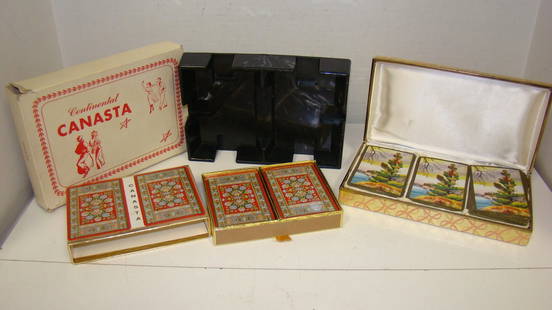 VTG CANASTA CARD SET-CARD HOLDER & MORE: VINTAGE 2 DECK SET OF CANASTA PLAYING CARDS - VINTAGE PLASTIC CANASTA 2 DECK CARD HOLDER - ORIGINAL BOX AND A VINTAGE 3 DECK PLAYING CARD SET IN BOX