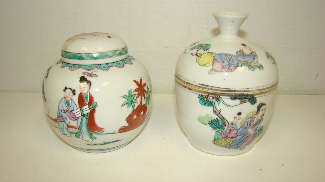 2 ANTIQUE ASIAN POTTERY COVERED BOWLS (1 of 9)