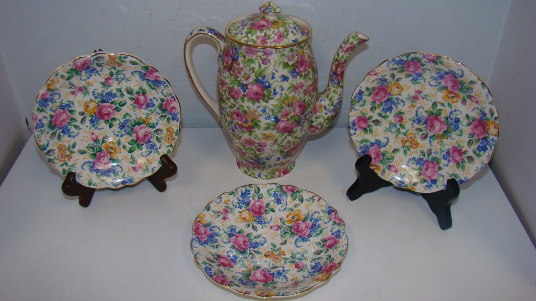 ROYAL WINTON CHINTZ TEAPOT & 3 JAMES KENT SAUCER (1 of 2)