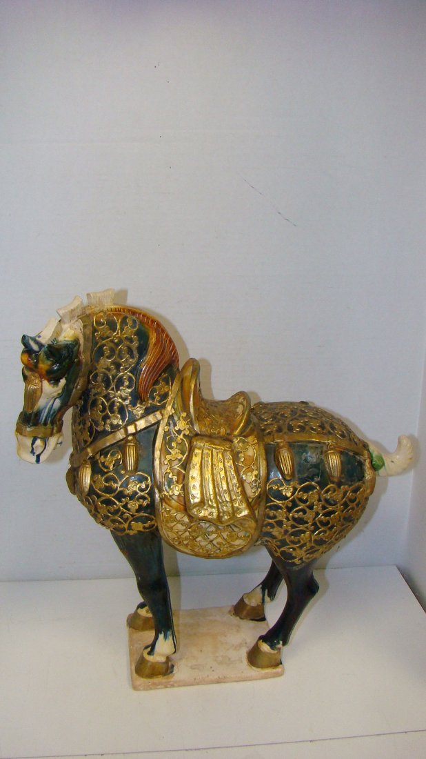 FANCY POTTERY CHINESE TANG HORSE: VINTAGE FANCY POTTERY CHINESE TANG HORSE - APPROX 15''x 14'' - APPLIED GOLD COLOR FILIGREE TRIM - TRIM HAS STARTED TO COME OFF UNDER NECK - EASY FIX - GOOD CONDITION