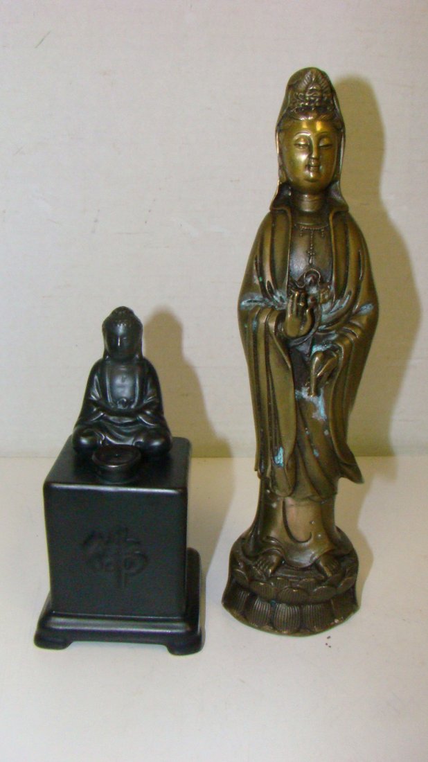 9.5'' BRASS TIBETAN GODDESS & BUDDHA INCENSE BURNER: 9.5'' CAST BRASS TIBETAN GODDESS - SLIGHTLY TARNISHED AND A 5.5'' BLACK POTTERY BUDDHA INCENSE BURNER