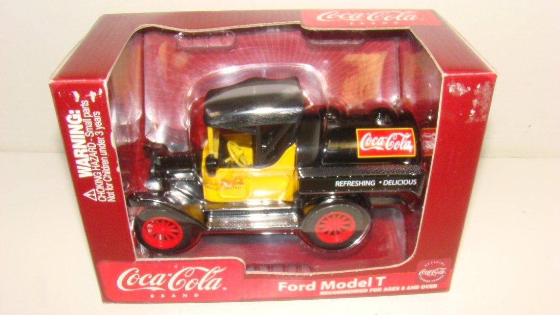 NIB COCA-COLA MODEL T DIE-CAST BANK: NIB DIE-CAST FORD MODEL T COCA-COLA DELIVERY TRUCK BANK - INCLUDES DETACHABLE KEY AND GOODYEAR RUBBER TIRES - ORIGINAL BOX - GOOD CONDITION