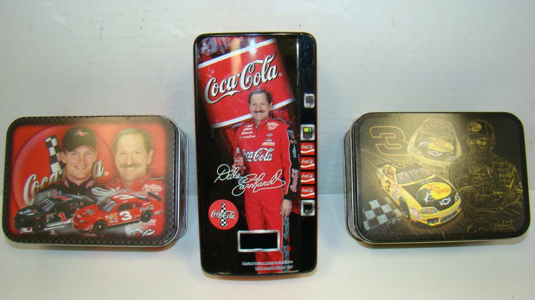 3 ACTION DALE EARNHARDT #3 CARS IN TINS: ACTION DALE EARNHARDT #3 AND BASS PRO SHOPS DOUBLE CAR SET IN TIN - ACTION DALE EARNHARDT #3 AND #1 COCA-COLA DOUBLE CAR SET IN TIN AND AN ACTION DALE EARNHARDT AND COCA-COLA CAR IN COKE MACHINE SHAPE
