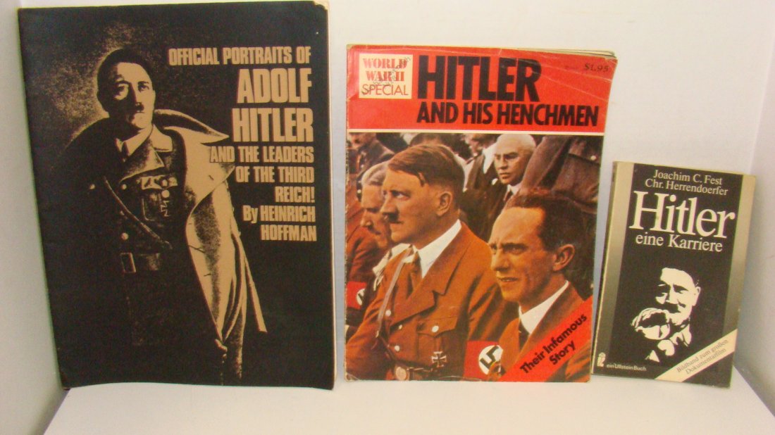 3 VINTAGE PAPERBACK BOOKS ON HITLER: 1977 ''HITLER'' IN GERMAN - WORN CONDITION - WORLD WAR II HITLER AND HIS HENCHMAN - THEIR INFAMOUS STORY - MARSHALL CAVENDISH NO. 8 - BY PETER J. BANUARD - WORN COVER AND VINTAGE COPY OF ''OFFICIAL PO