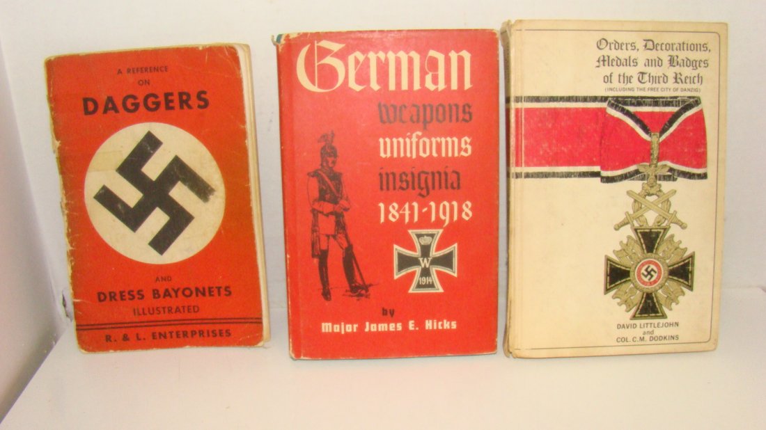 3 VINTAGE BOOKS ON NAZI WEAPONS & AWARDS: 1968 EDITION OF ''ORDERS, DECORATIONS, MEDALS AND BADGES OF THE THIRD REICH'' INCLUDING THE FREE CITY OF DANZIG - HARD COVER - NO DUST JACKET - BY DAVID LITTLEJOHN AND COL. C.M. DODKINS - OUTSIDE BACK