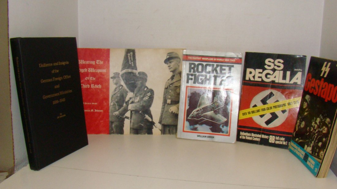 5 BOOKS ON NAZI GERMANY & WWII: 1977 EDITION ''ROCKET FIGHTER'' THE FASTEST WARPLANE IN WORLD WAR II - BY WILLIAM GREEN - PAPERBACK - COVER SHOWS WEAR AND IS TORN ON BOTTOM BINDING - 1974 EDITION ''SS REGALIA''M NO. 24016 - BY JACK 