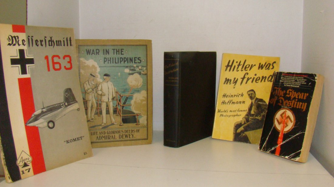 5 VINTAGE BOOKS - WWII: 1973 EDITION PAPERBACK BOOK - THE SPEAR OF DESTINY - BY TREVOR RAVENSCROFT - COVER IS WORN AND WRINKLED - VINTAGE PAPERBACK - HITLER WAS MY FRIEND - BY HEINRICH HOFFMANN - TRANSLATED BY LT. COL. R.H.