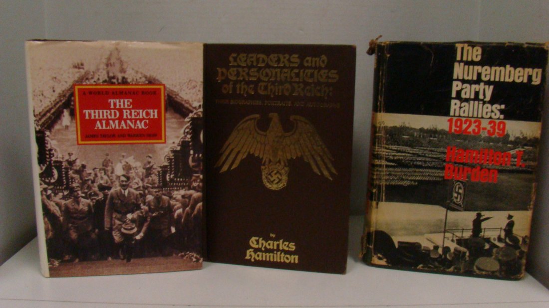 3 BOOKS ON NAZI GERMANY - THIRD REICH & MORE: 1987 EDITION ''THE THIRD REICH ALMANAC'' BY JAMES TAYLOR AND WARREN SHAW - DUST COVER - GOOD CONDITION - 1984 FIRST EDITION ''LEADERS AND PERSONALITIES OF THE THIRD REICH'' BY CHARLES HAMILTON - NO DU