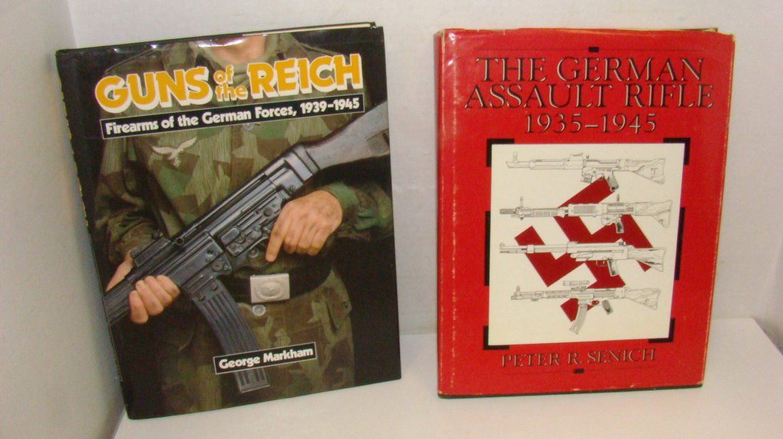 2 BOOKS ON GERMAN WEAPONS: 1989 EDITION - GUNS OF THE REICH - FIREARMS OF THE GERMAN FORCES, 1939-1945 - BY GEORGE MARKHAM - DUST COVER IS IN GOOD CONDITION - PRINTED AND BOUND IN GREAT BRITIAN AND A 1987 EDITION - THE GERMAN A