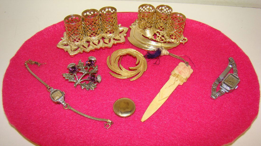 VINTAGE LADIES WATCHES-COSTUME JEWELRY & MORE: VINTAGE DECO WARWICK LADIES WRISTWATCH - WORKS - VINTAGE LADIES BULOVA WRISTWATCH - 10K GOLD FILLED ROUND LOCKET - SILVER TONE & PURPLE STONE FLORAL BROOCH - NO MARKS - MONET GOLD TONE BROOCH - CARVED