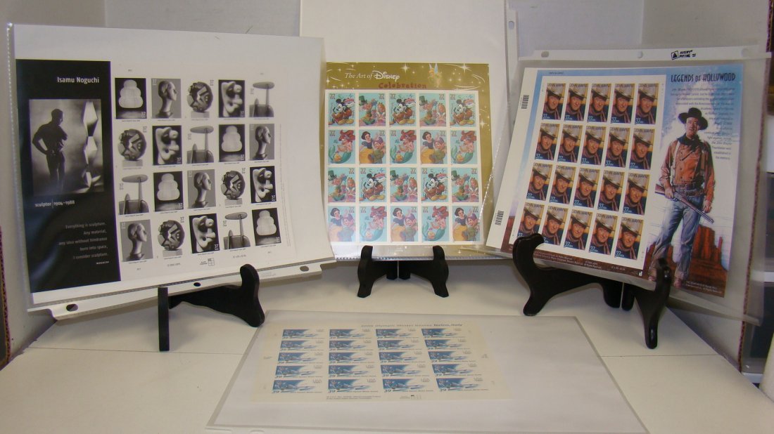 8 VARIOUS USPS MINT STAMP SHEETS: 8 VARIOUS USPS MINT 37 AND 39-CENT STAMP SHEETS - 2003 SHEET OF 20 USPS MINT 37-CENT STAMPS - ISAMU NOGUCHI - 2004 CONSTELLATIONS - 2005 SHEET OF 20 37-CENT STAMP SHEET - THE ART OF DISNEY ''CELEBRATI