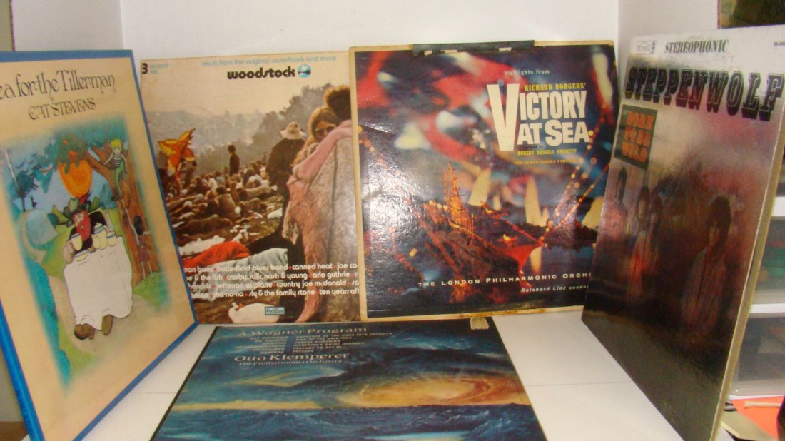 11 VINTAGE COLLECTOR RECORD ALBUMS: STEPPENWOLF - BORN TO BE WILD - STEREOPHONIC - DS-50029 - DUNHILL RECORDS - VICTORY AT SEA - THE LONDON PHILHARMONIC ORCHESTRA - COVER IS TORN AND TAPED - WOODSTOCK 3 RECORD SET - COTILLION RECORDS -