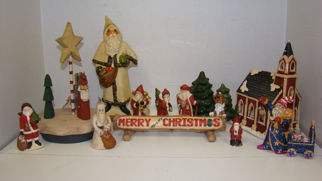 BOX LOT-VARIOUS DESIGNER CHRISTMAS ITEMS: BOX LOT - VARIOUS DESIGNER CHRISTMAS DECORATIONS - CERAMIC CHURCH BUILDING WITH STEEPLE - 9.5'' SIGNED ''SPARKS'' CHRISTMAS PIE DECORATION - SIGNED ''SPARKS'' CHRISTMAS VILLAGE TREE - 9 VARIOUS SMALL 