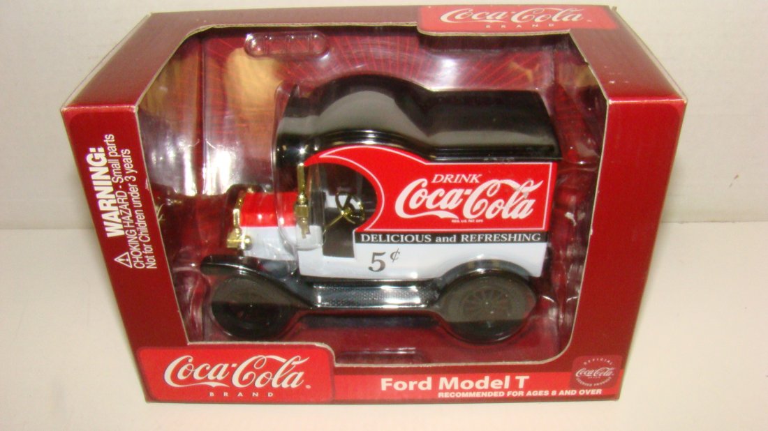 NIB FORD MODEL T DIE-CAST COCA-COLA BANK: NIB DIE-CAST FORD MODEL T COCA-COLA DELIVERY TRUCK BANK - INCLUDES DETACHABLE KEY - GOODYEAR RUBBER TIRES - ORIGINAL PACKAGE - GOOD CONDITION