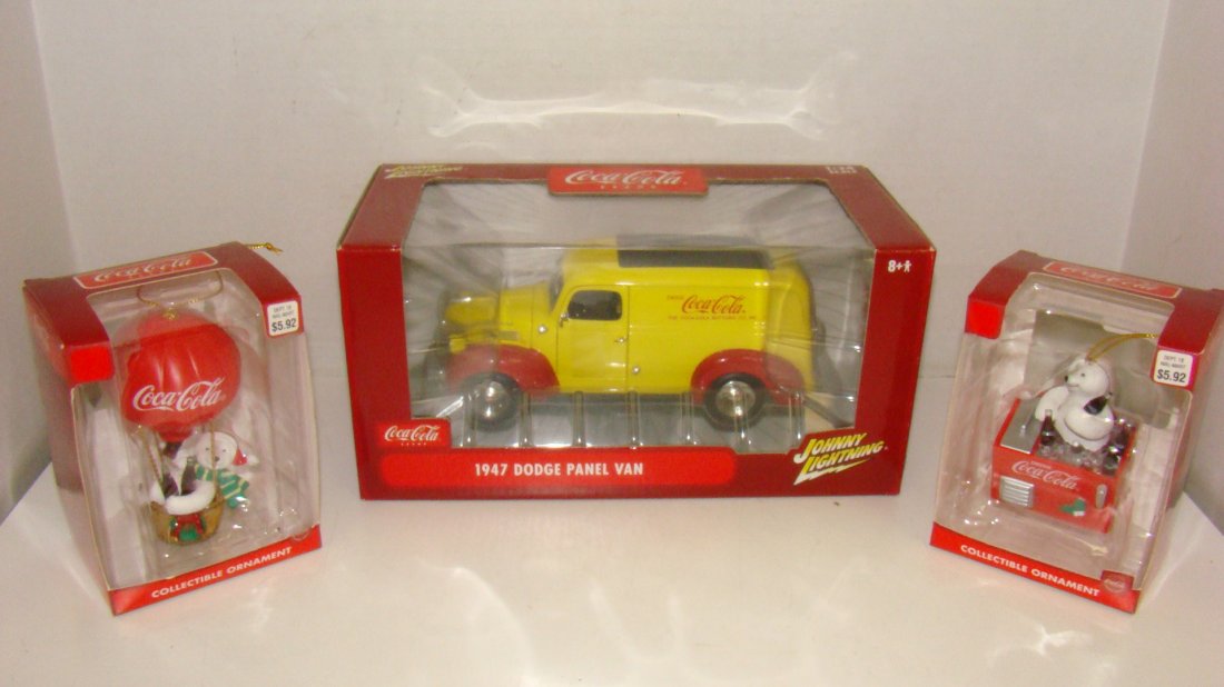 JOHNNY LIGHTNING COCA-COLA VAN & 2 ORNAMENTS: NIB JOHNNY LIGHTNING DIE-CAST COCA-COLA 1947 DODGE PANEL VAN - 1:24 SCALE - GOOD CONDITION AND 2 NIB COCA-COLA CHRISTMAS ORNAMENTS - POLAR BEAR IN HOT AIR BALLOON AND POLAR BEAR IN A VINTAGE COCA-COLA