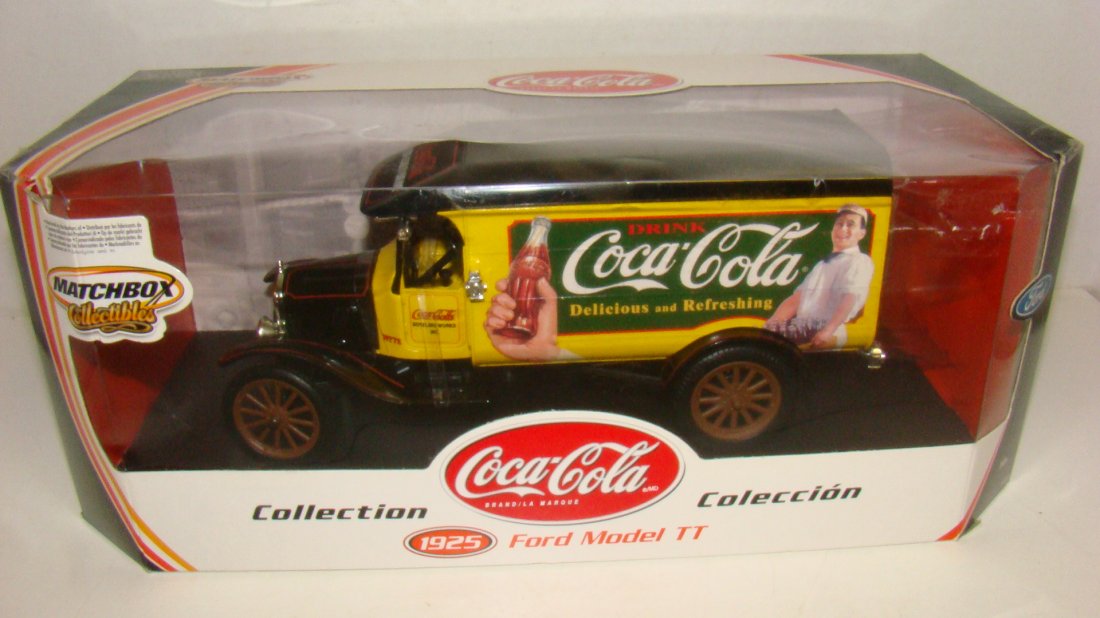 NIB MATCHBOX DIE-CAST COCA-COLA DELIVERY TRUCK: NIB MATCHBOX COLLECTIBLE - DIE-CAST 1925 FORD MODEL TT COCA-COLA DELIVERY TRUCK - 1:18 SCALE - ORIGINAL PACKAGE - CORNERS ON PACKAGE HAVE BEEN DENTED - 13''x 6.5''x 5'' IN PACKAGE