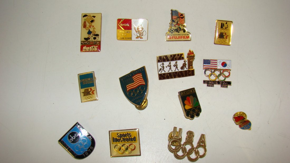 13 VARIOUS OLYMPIC LAPEL PINS: 3 VARIOUS OLYMPIC LAPEL PINS - KODAK 1988 SEOUL OLYMPICS - COCA-COLA 1994 WORLD CUP GAMES - 1976 ABC MONTREAL INHNSBRUCK - -1984 LA/1988 SEOUL OLYMPICS - AT&T - FUJIFILM - 1992 BARCELONA AND MORE