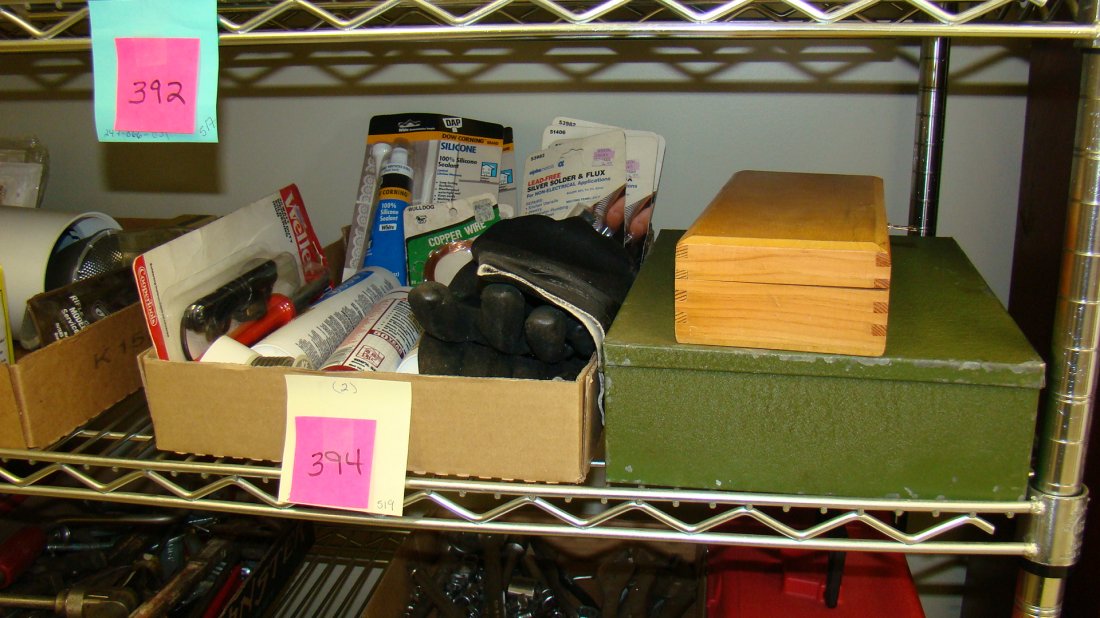 HOME REPAIR SUPPLIES: HOME REPAIR SUPPLIES -SILICONE SEALANT, COPPER WIRE, TUB AND TILE CAULK, WELLER SOLDERING IRON, SOLDER, BLACK RUBBER GLOVES, X-ACTO KNIFE KIT- NOT COMPLETE AND METAL BOX