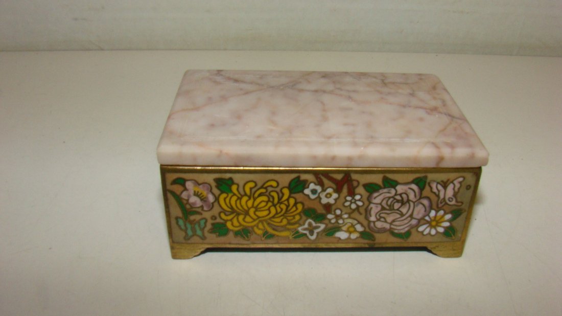 MARBLE TOP CLOISONNE STAMP BOX: SMALL MARBLE TOP CLOISONNE STAMP BOX - 1.5''x 3.5''x 2'' - MARBLE TOP IS SCRATCHED ON BOTTOM EDITIONGE