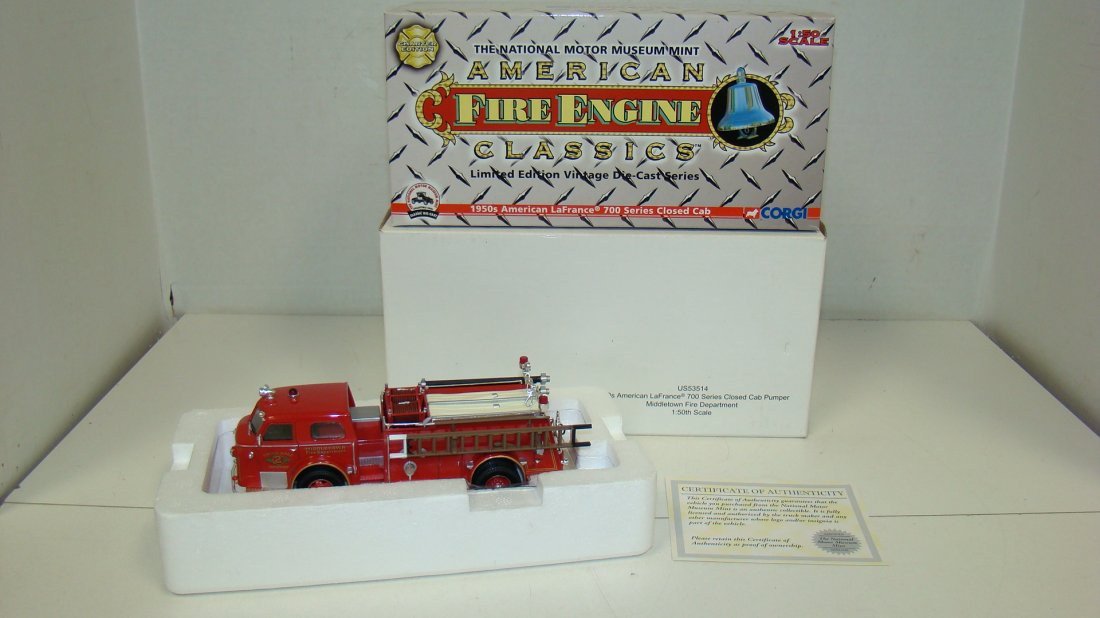 NIB CORGI DIE-CAST REPLICA FIRETRUCK: NIB CORGI DIE-CAST REPLICA OF LA FRANCE 700 SERIES CLOSED CAB FIRE TRUCK - BETHPAGE - COA AND ORIGINAL BOXES