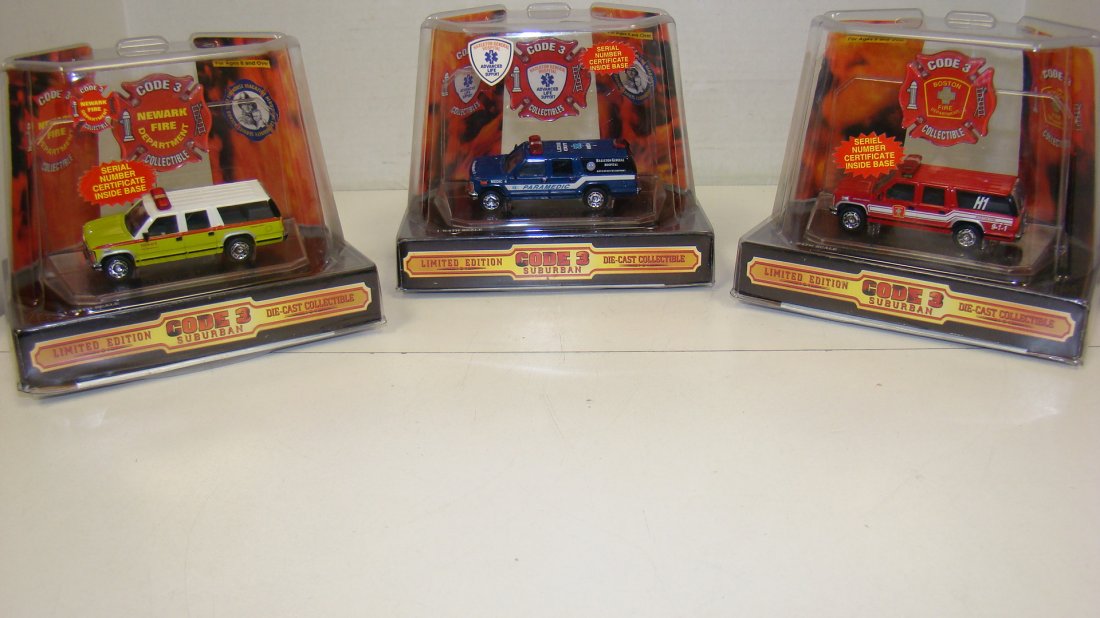 3 NIB LIMITED EDITION CODE 3 DIE-CAST COLLECTIBLE: 3 NIB LIMITED EDITION ''CODE 3''DIE-CAST COLLECTIBLE CARS - 1/64 SCALE - ITEM NO. 12411 - HAZELTON GENERAL HOSPITAL PARAMEDICS - ITEM NO. 12408 - NEWARK FIRE DEPARTMENT AND ITEM NO. 12402 - BOSTON FIR