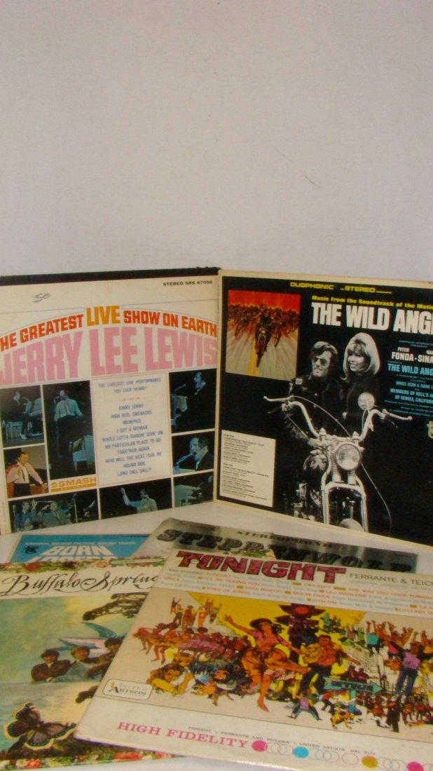 6 VINTAGE VARIOUS RECORD ALBUMS: 6 VARIOUS VINTAGE RECORD ALBUMS - THE GREATEST LIVE SHOW ON EARTH JERRY LEE LEWIS - STEREO SRS 67056 - SMASH RECORDS - COVER SHOWS WEAR AND HAS BEEN WRITTEN ON - MUSIC SOUNDTRACK OF THE MOTION PICTURE