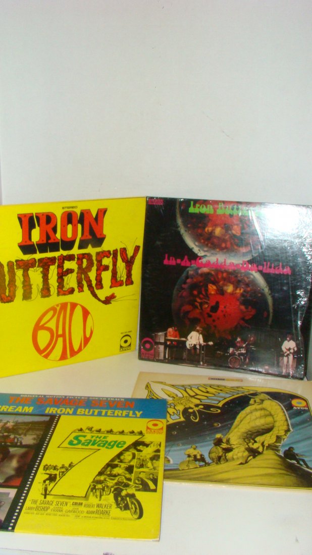 4 VINTAGE IRON BUTTERFLY RECORD ALBUMS: 4 VARIOUS VINTAGE IRON BUTTERFLY RECORD ALBUMS - BALL - SD 33-280 - STEREO - 1969 - ATCO RECORDS - YELLOW COVER WITH ORANGE PRINT - 1968 IN-A-GADDA-DA-VIDA - STEREO SD 33-250 - ATCO RECORDS - COVER HA
