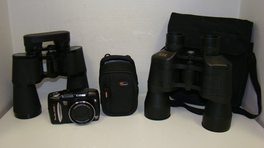 2 PAIRS OF BINOCULARS & CANON DIGITAL CAMERA: PAIR OF JASON BINOCULARS - MODEL 1113F - MERCURY 10x 50 - COATED OPTICS - NO CASE - PAIR OF 20x 50 BINOCULARS - NIGHT VISION - CENTER COMPASS - BLACK CLOTH CASE AND A CANON POWER SHOT SX120 IS DIGITAL