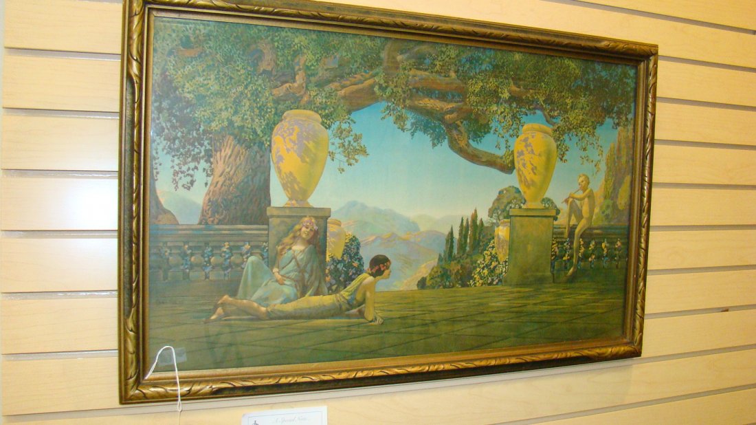 VINTAGE MAXFIELD PARRISH PROTOGE PRINT: VINTAGE ART DECO PRINT IN ORIGINAL FRAME BY ROY GROSSMAN, A PROTOGE OF MAXFIELD PARRISH - LA PUBLISHING COMPANY - ORIGINAL BACKING - 32''x 21'' IN FRAME - BEAUTIFUL CONDITION - BUYER RESPONSIBLE FOR M